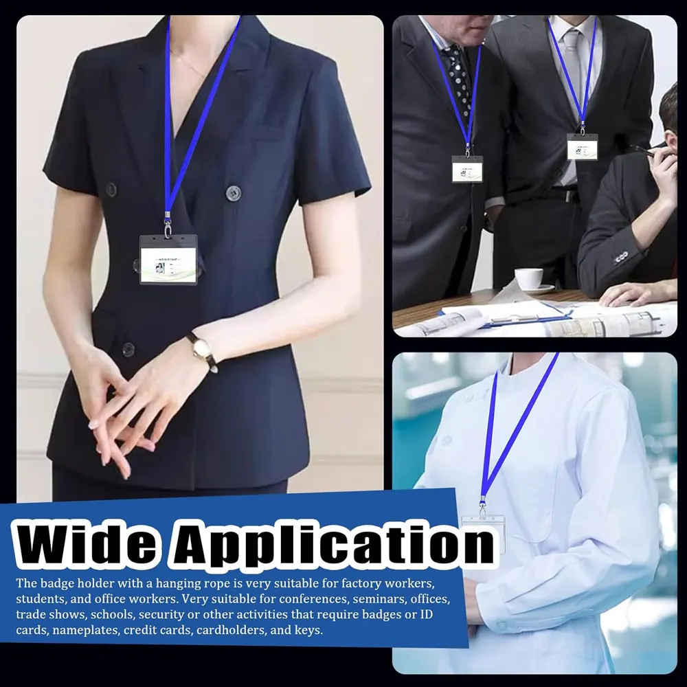 10/20/50pcs clear plastic horizontal name ID holders and blue lanyards, suitable for offices, schools, work volunteers.