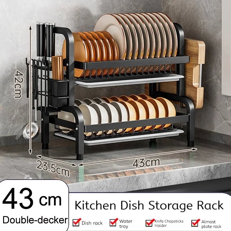 Multi-functional 2-Tier Dish Rack Kitchen Supplies Storage Rack Draining Rack with Chopsticks/Knives/Cutting Board Holder