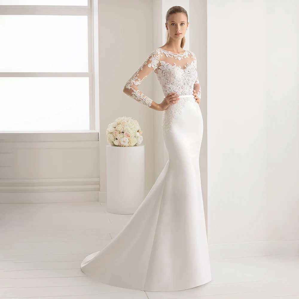 

Elegant Mermaid Bridal Gown For Womens O-Neck Long Sleeve Lace Floor Length Wedding Dress Customized High Quality Dresses