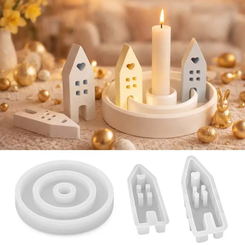 3Pcs Resin Silicone Mold For DIY Crafts Heart House Candlestick Molds (Medium/Small) With Detailed Chamber