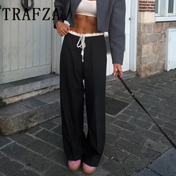 TRAFZA 2024 Spring Solid Casual Solid Pleated Pants Fashion Winter Oversized Loose Straight Lace up High Waist Long Pants