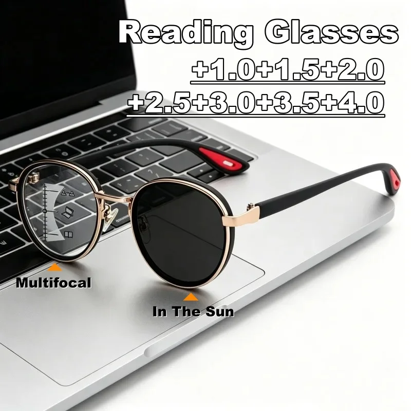 Progressive Multifocal Photochromic Presbyopia Glasses Metal Round-Frame Color-Changing Lenses HD Anti-blue Light Reading Glasse