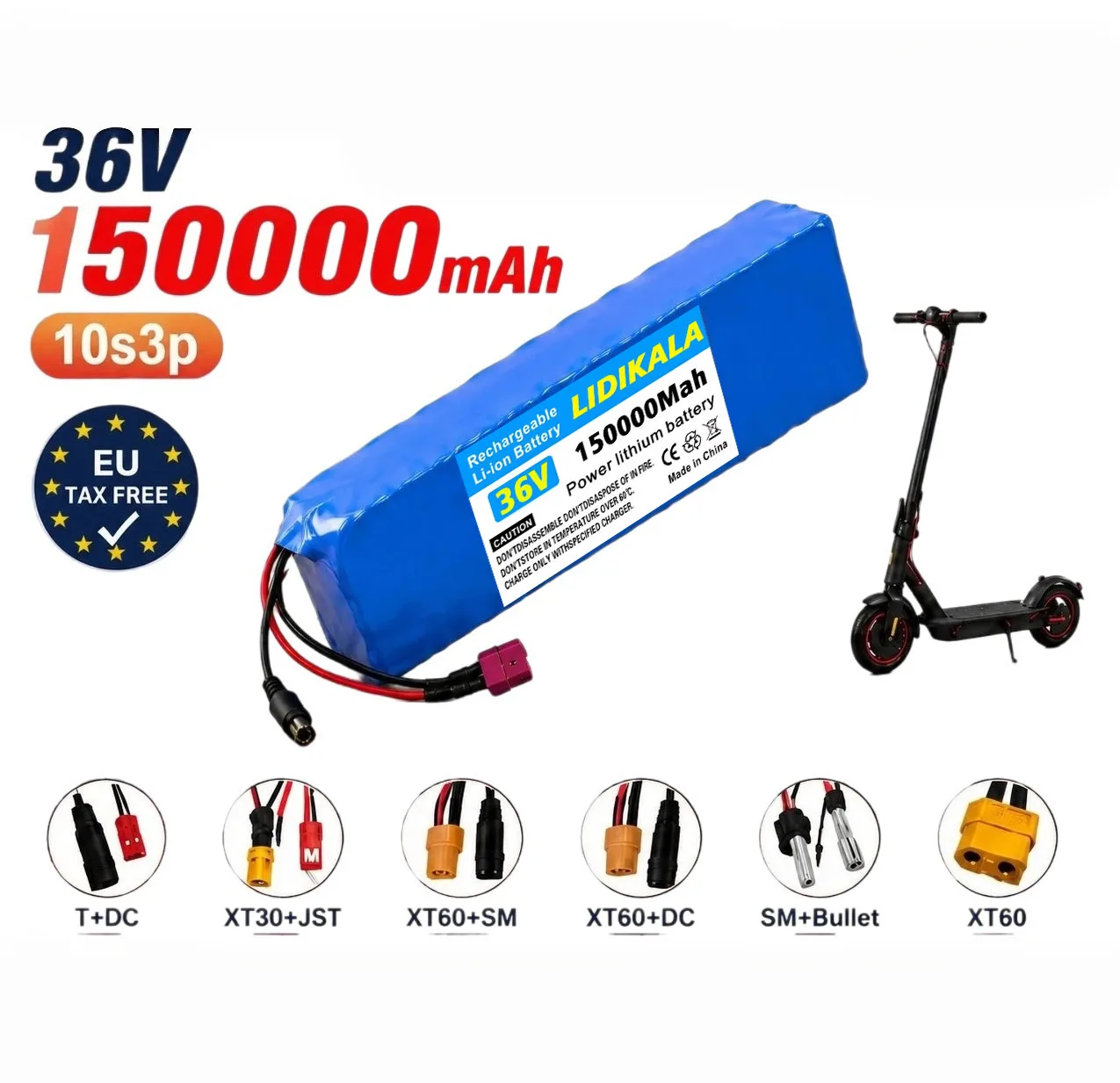 10S3P 36V 150Ah 18650 Lithium-Ionen-Akkupack mit BMS-Schutzplatine, 1000W wiederaufladbarer Akku für 36V Elektro-Moped, City-Bike und 36V Elektro-Scooter