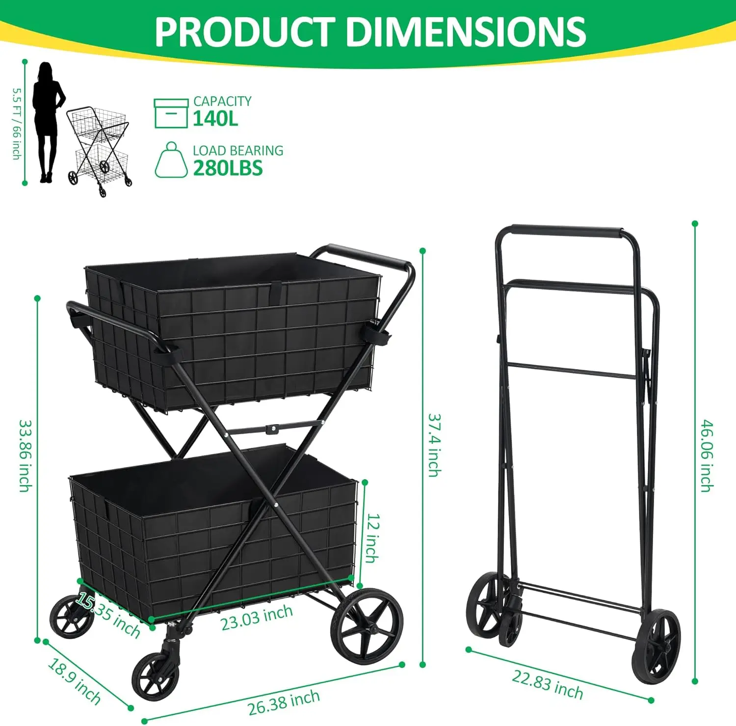 2-Tier Shopping Cart with Wheels Folding Grocery Cart with Removable Double Baskets 360° Rolling Laundry Cart Compact Pet