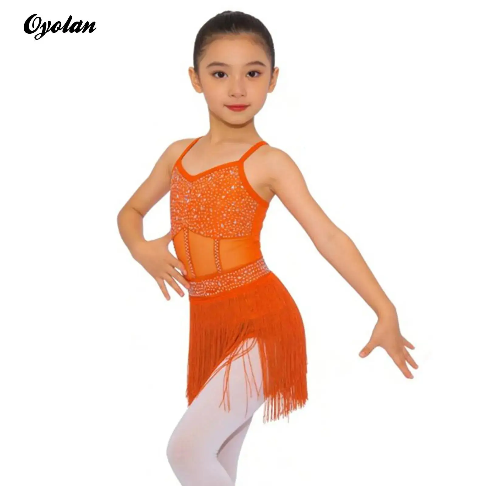 

Kids Girls Rhinestone Tiered Tassel Fringe Latin Tango Dance Dress Performance Costume Gymnastics Leotard Ballroom Dance Outfit