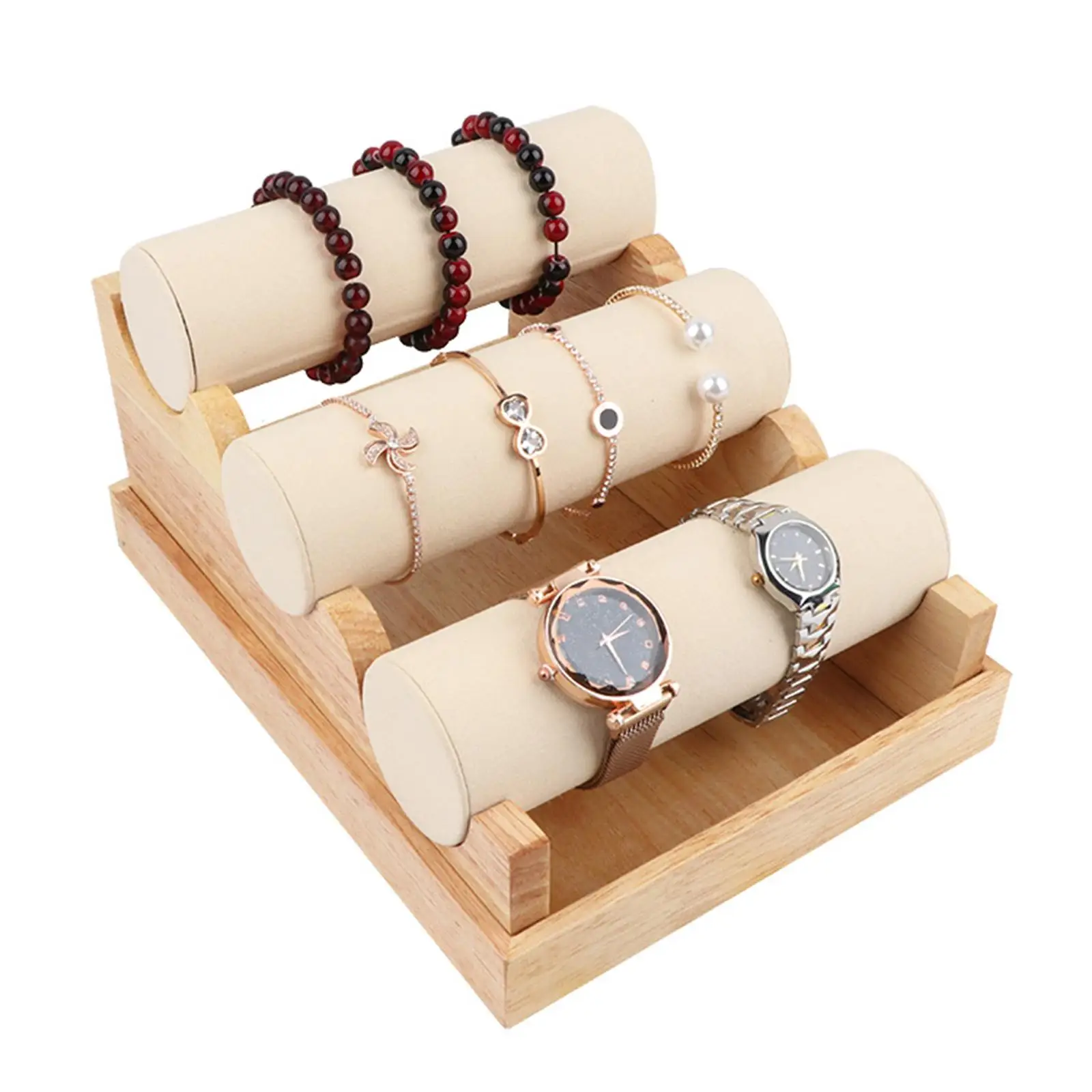 Velvet Jewelry Tray Organizer Wooden Bracelet Watch Holder Display Stand for Necklaces Scrunchie Rack Storage for Gift Women