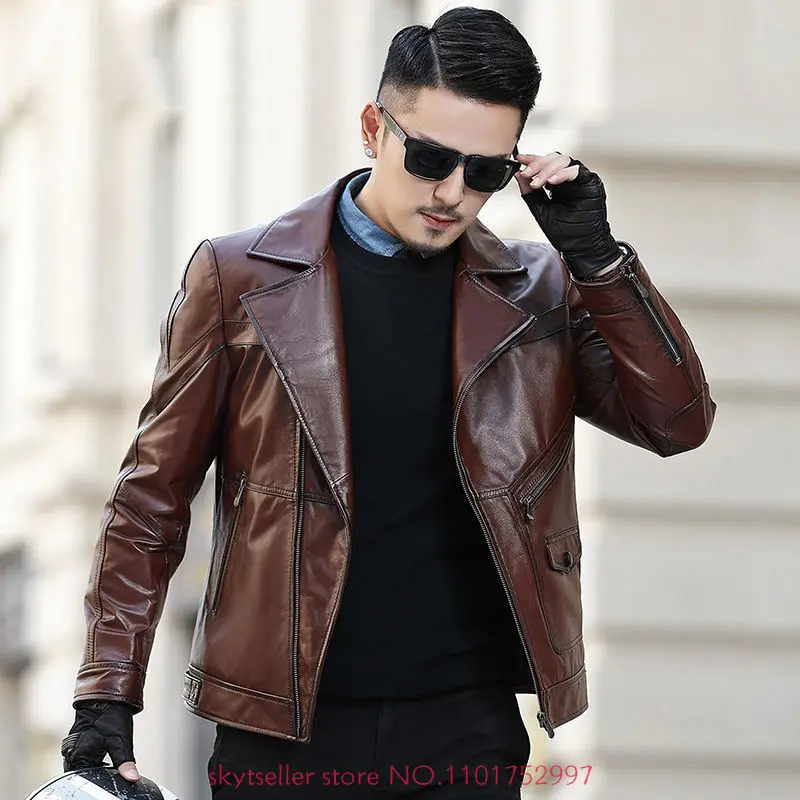 Men 2022 Spring Autumn New Genuine Leather Jackets Men Slim Natural Lambskin Real Leather Coats Male Lapel Sheepskin Outwear W21