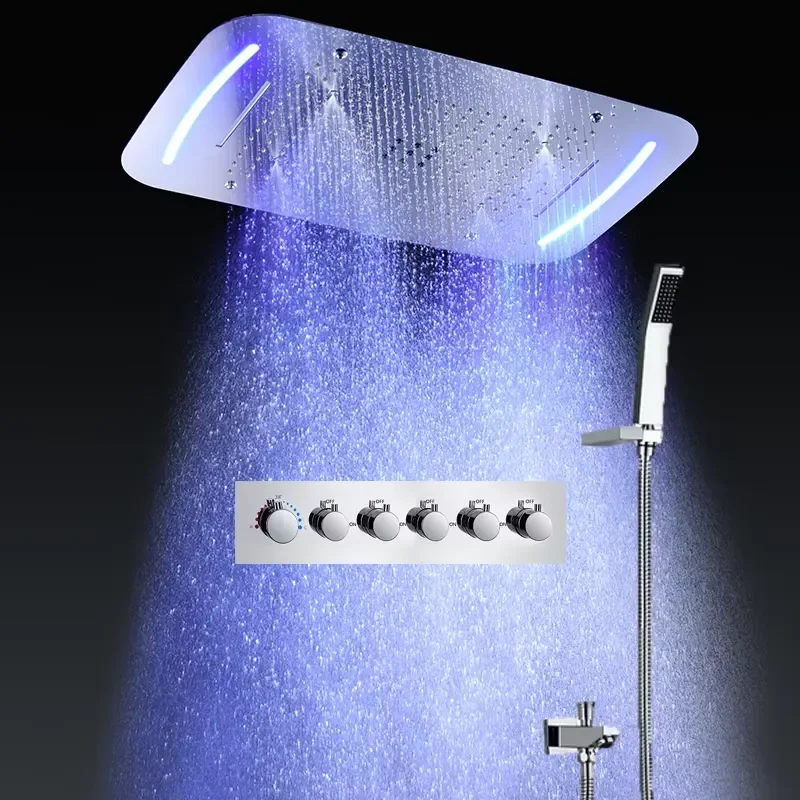 5 FUNCTIONS Bathroom Shower Set LED Rain Mist Bubble Massage Waterfall Shower System Thermostatic Mixer