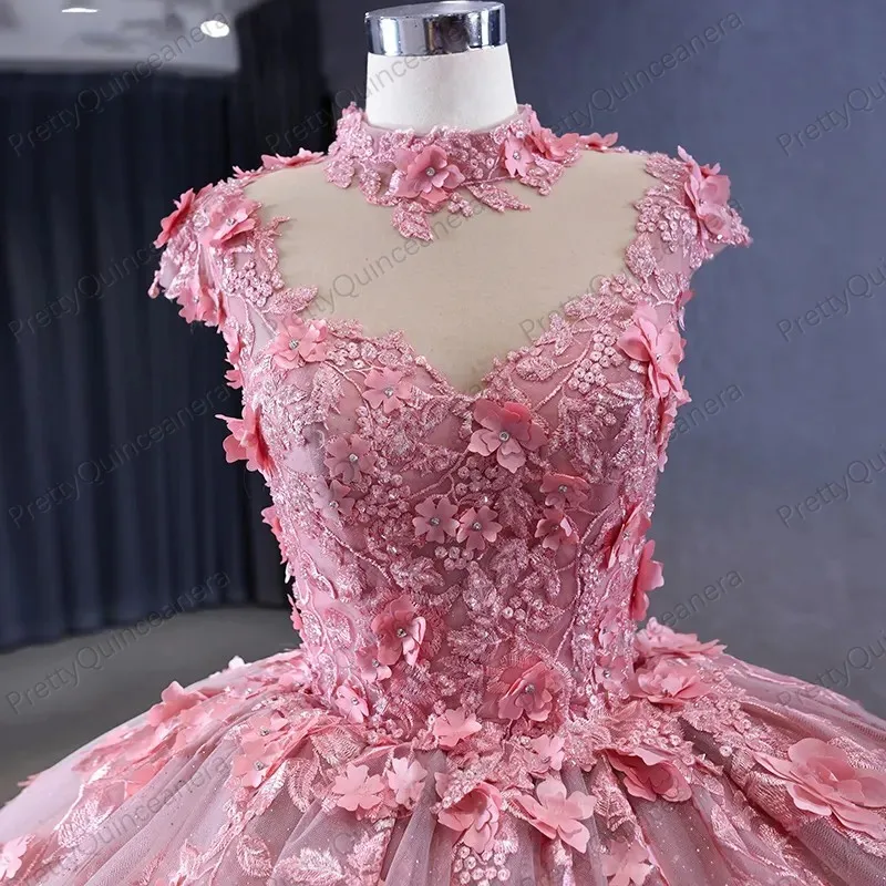 Vestido de quinceañera Floral 3D con cordones en la espalda, corsé de ilusión de cuchara Rosa polvoriento, falda hinchada grande, vestido de baile hecho a medida