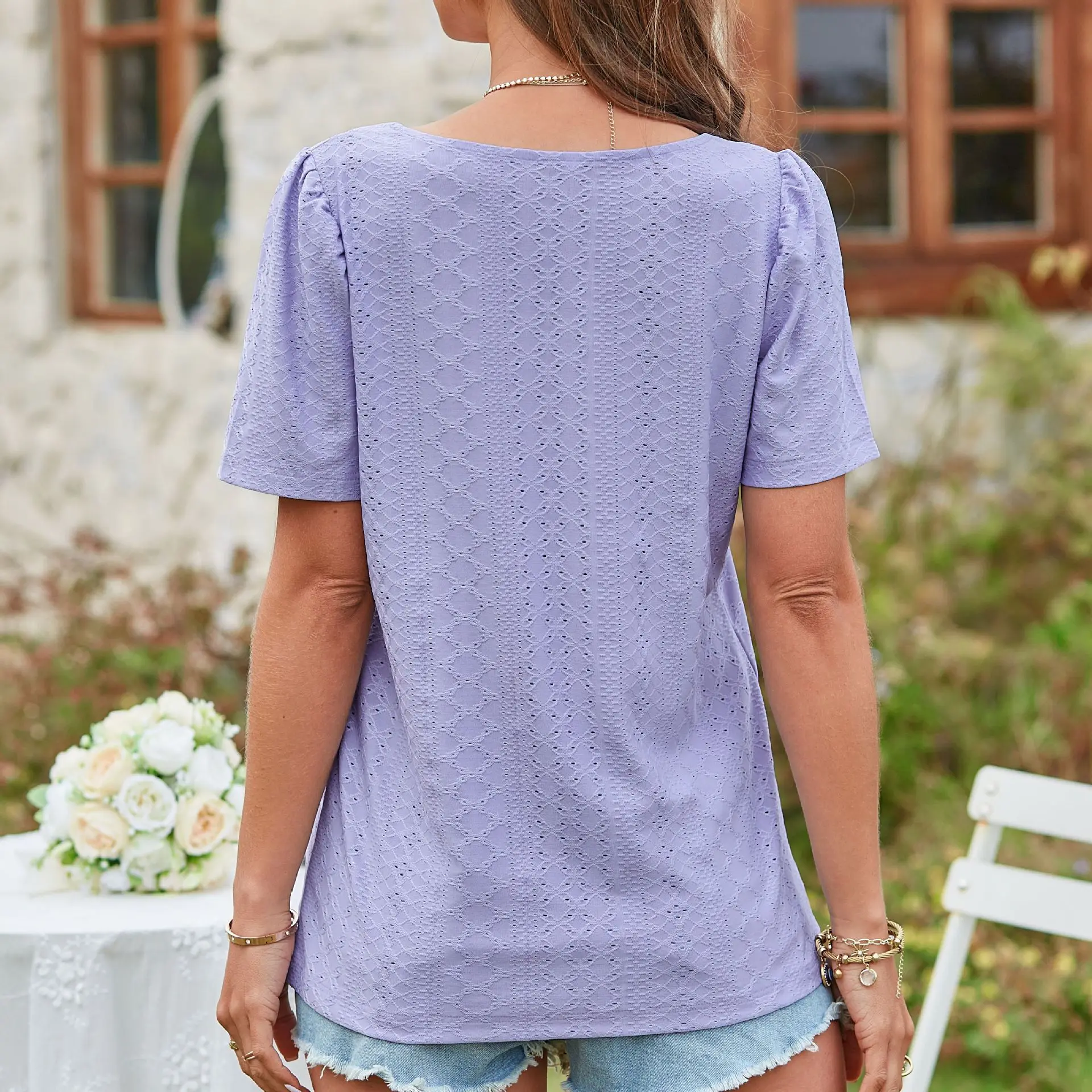 2024 New Women's Summer Top Square Neck T-shirt Hollow Hole Short Sleeved Casual Top Multiple Colors Available Female T-shirt