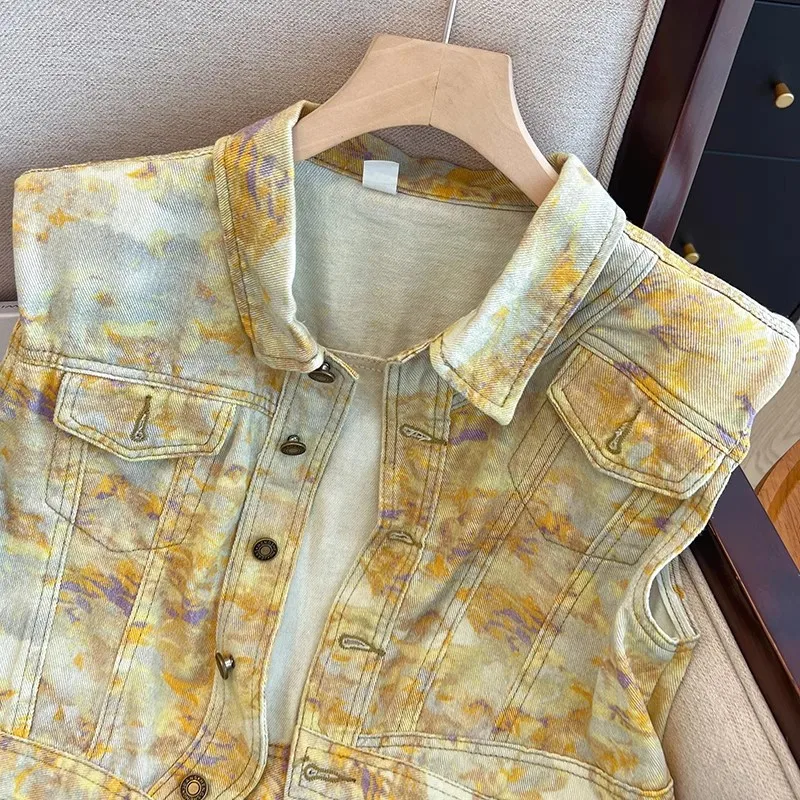Sommer Vintage Tie-Dye Drucken Dünne Kurze Dünne Denim Weste Frauen Unregelmäßige Revers Einreiher Ärmellose Cowboy Weste Weibliche