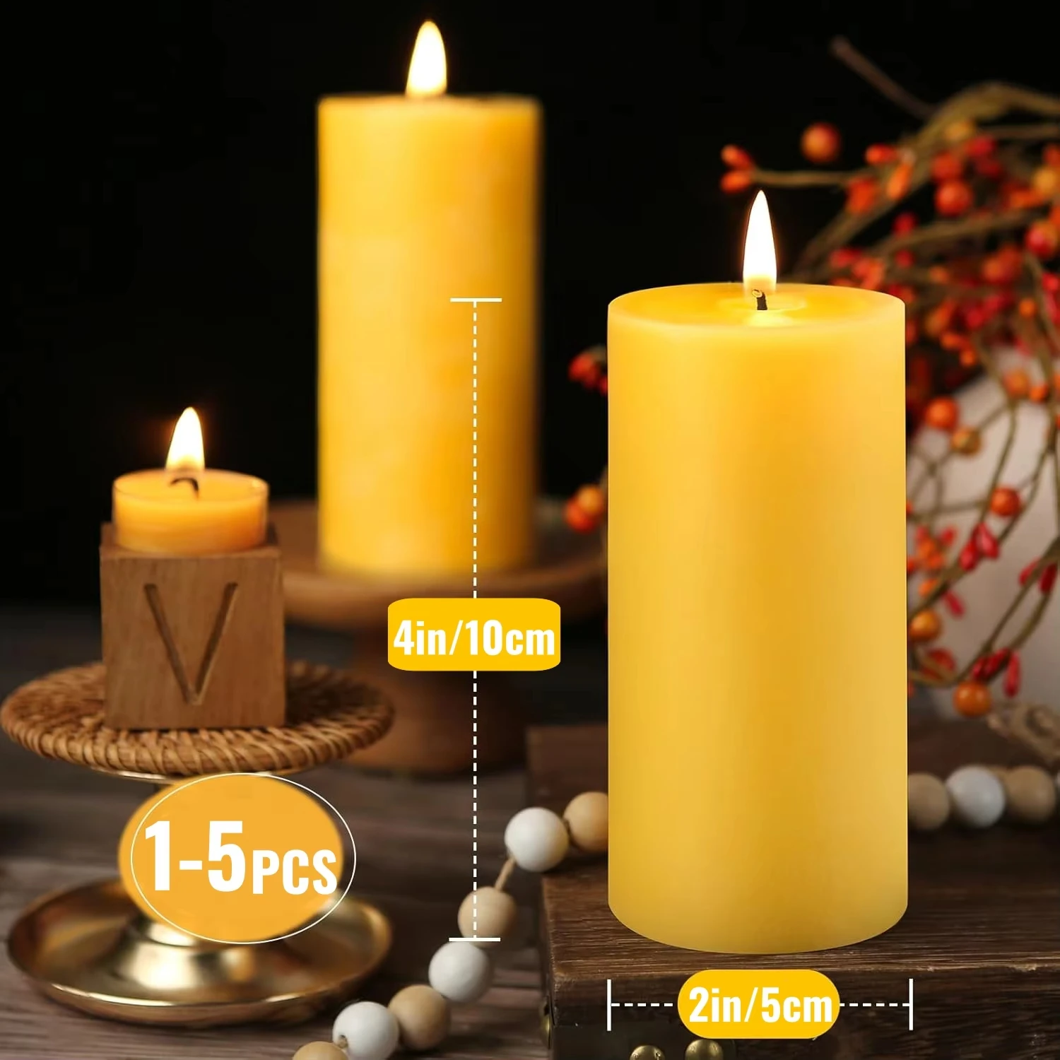 1/3/5PCS Beeswax Pillar Candles Smokeless Beeswax Candles Long Burning Wax Candles for Home Dinner Decor Prayer Party 1.85x3.8in