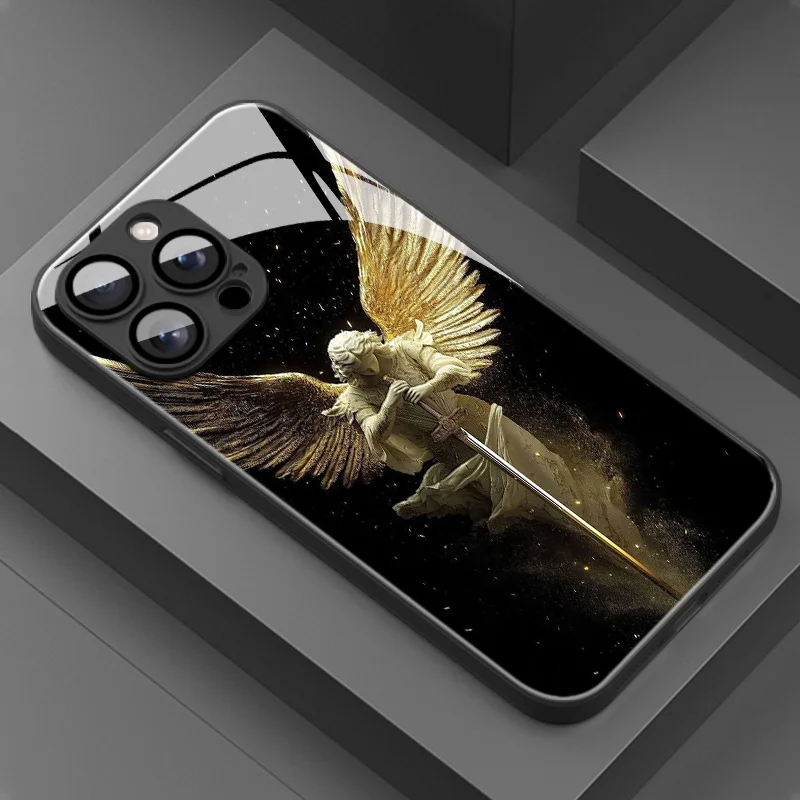 Cross and angel pattern tempered glass Phone Case  for iPhone 17 16 15 14 13, 12 11 Pro/Max/Plus high-end protective Cover