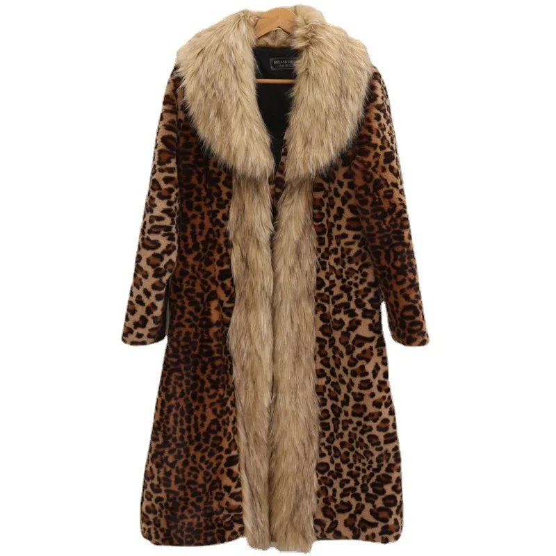 Abrigo largo de piel sintética de leopardo para mujer, chaqueta grande, abrigo grueso con cuello vuelto, chaquetas cálidas Maxi, Otoño e Invierno