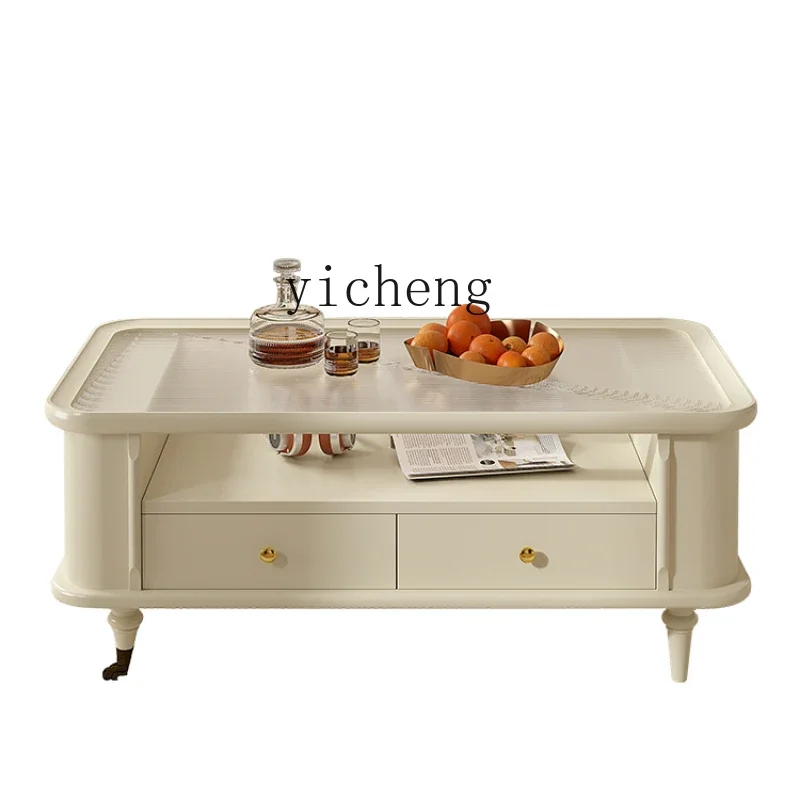

ZZ ZF Cream Style Solid Wood Coffee Table TV Cabinet Combination Living Room Light Luxury Glass Tea Table