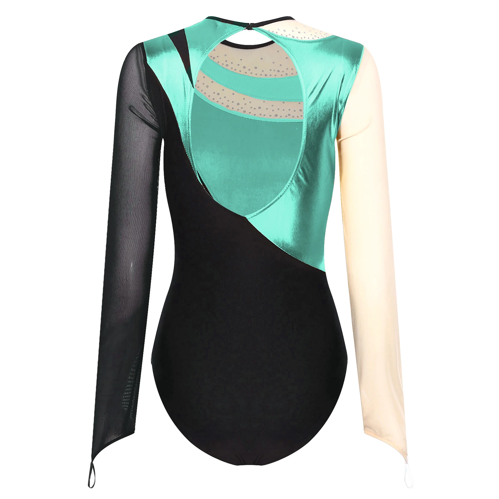 AqShiny Ballet Unitards pour femmes, costume de batterie, maille transparente métallique, manches longues, danse, performance, patinage