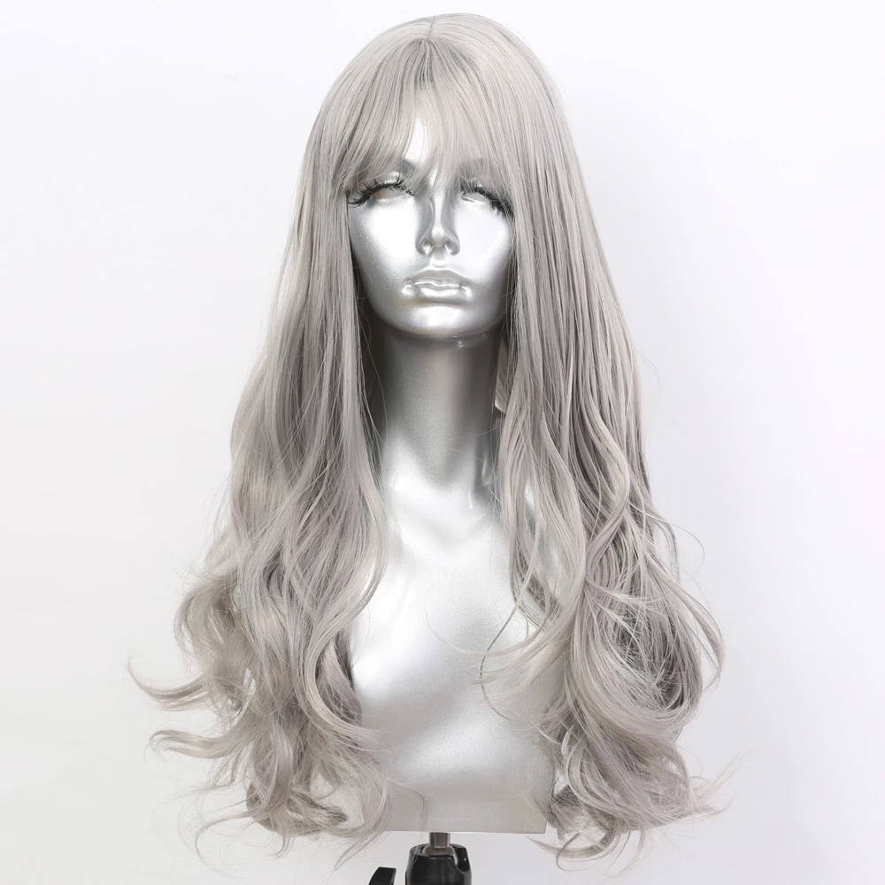 

Sivir Synthetic Long Wavy Wigs for Women Grey Color With Bangs Heat Resistant Fiber Full Mechanism Wig Anime Cosplay/Party/Daily