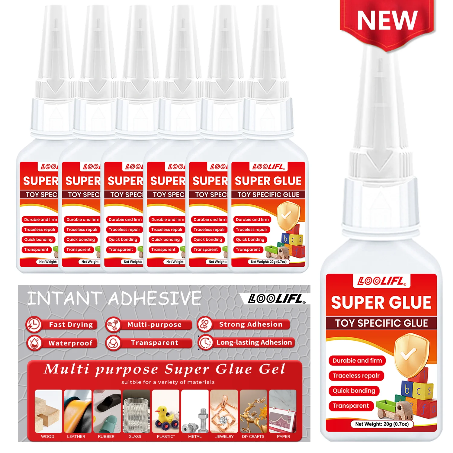 LOOLIFL 1-7PCS  multi-functional Super Glue Instant Quick-drying Cyanoacrylate Adhesive Leather Rubber Glass Wood Metal 20g