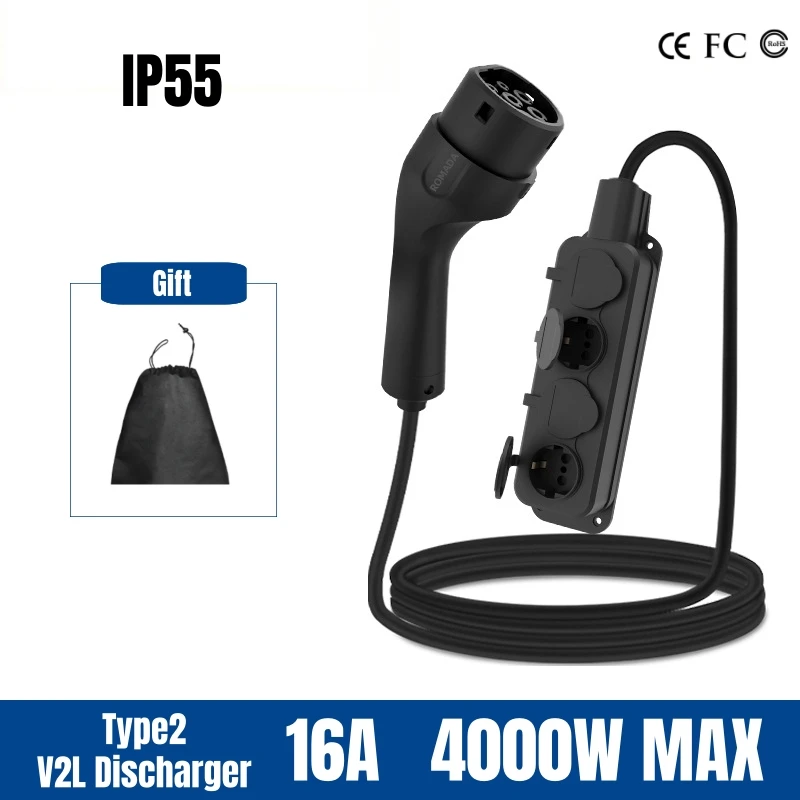 Type2 V2L Discharger Cable 4KW EU Socket Compatible with BYD Renault Jaecoo Omoda MG4 XPENG Hundai 16A IEC62196 Discharger