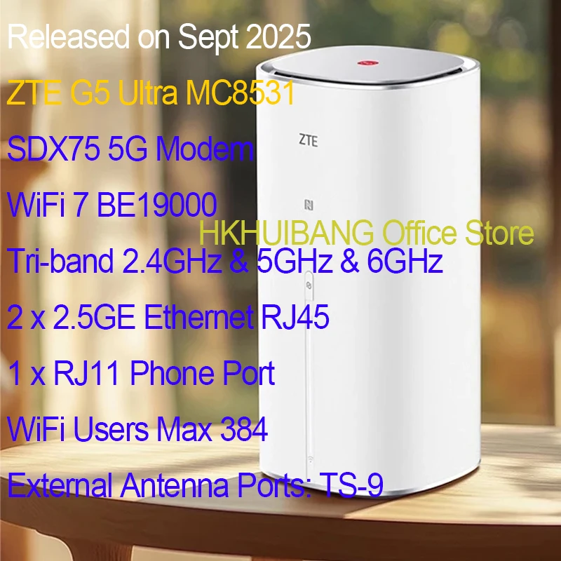 

ZTE 5G-A CPE G5 Ultra MC8531 Wi-Fi 7 Tri-bands Be19000 Wireless Router 4x4 MIMO 384 Users Dual 2.5GE Ports 5G 4G Sim Home Modem