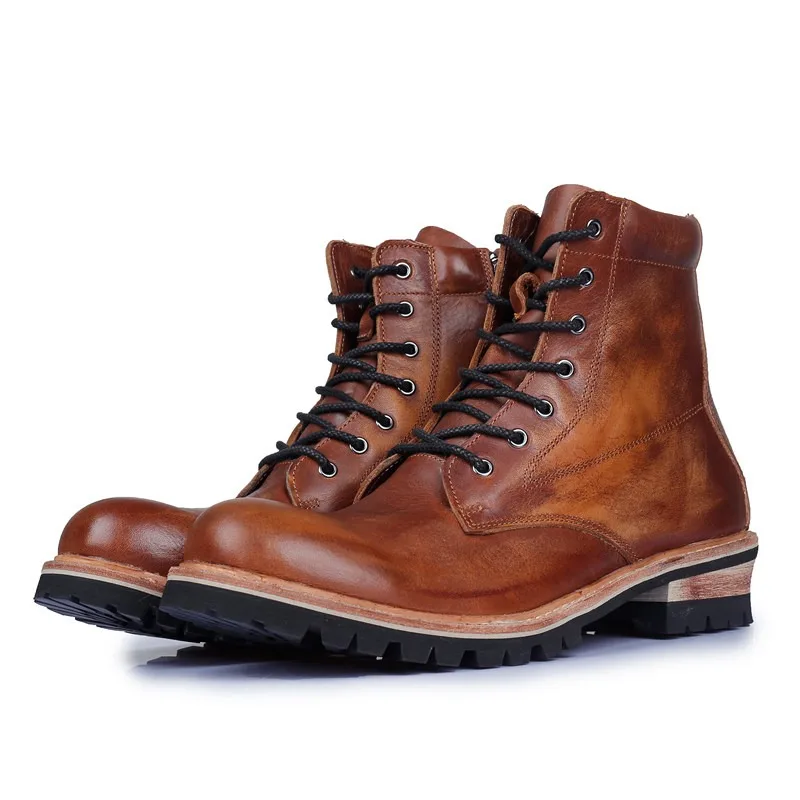 British Style Men Motorcycle Boots Genuine Leather Vintage Combat Boots Lace-Up Rugged Outdoor Work Ankle Safety Shoes