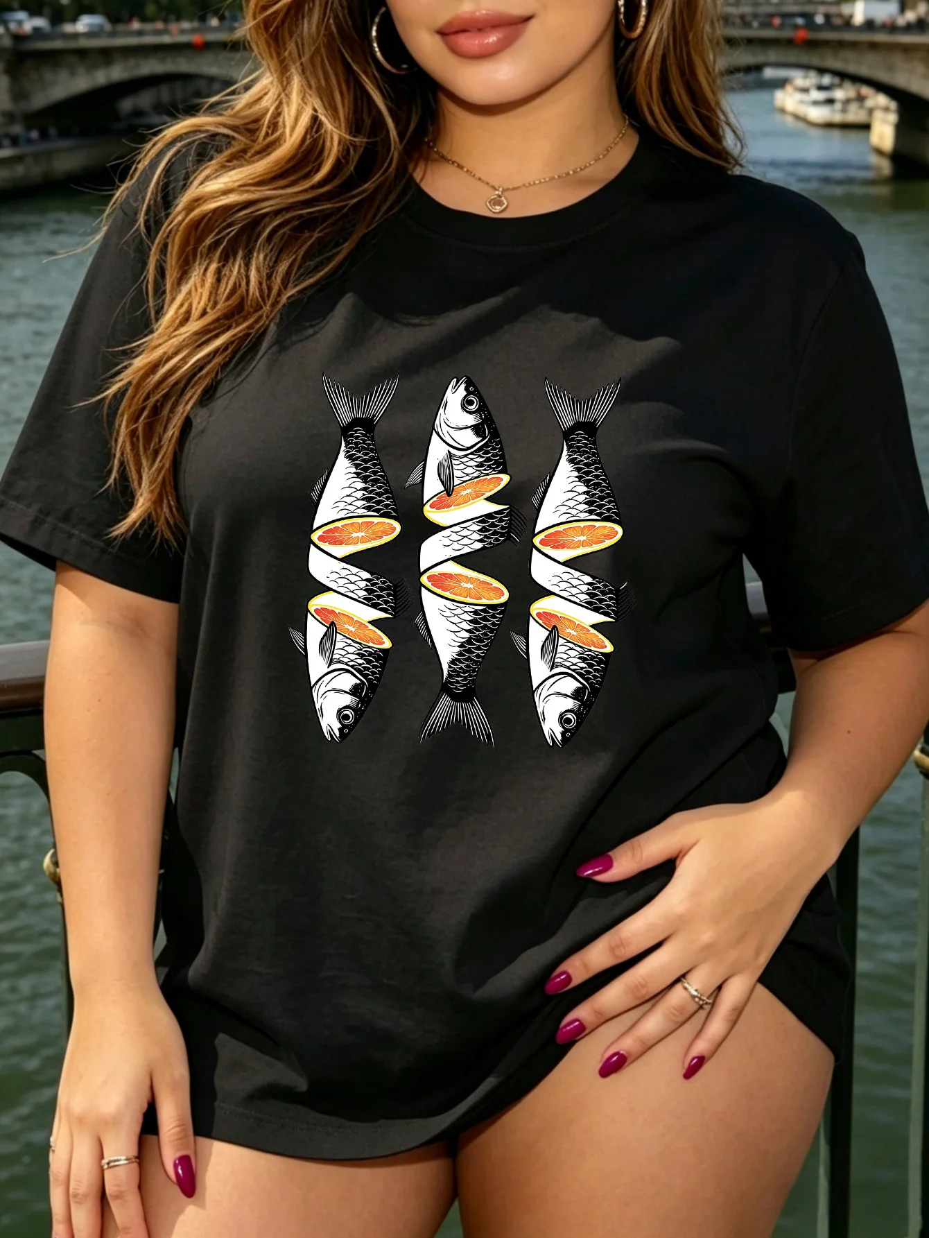Cute Vintage Fish And Orange Slice Line Art Sea Creature Print Graphic Ladies T Shirt Short Sleeve Crew Neck Casual Tee Tops