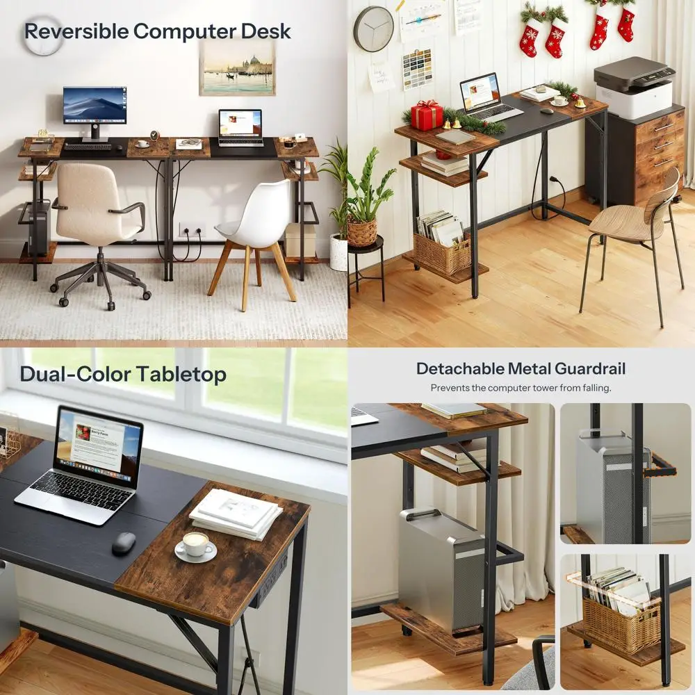 

Modern Rustic Brown & Black Small Home Office Desk with Power Outlet and 2 Shelves, Easy Assembly