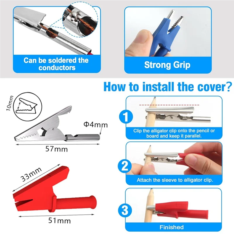 كابل مرن قابل للتكديس من الموز إلى الموز 4 مم، موصلات اختبار كهربائية مع 10 قطع من مشابك التمساح النحاسية الواقية-AT36