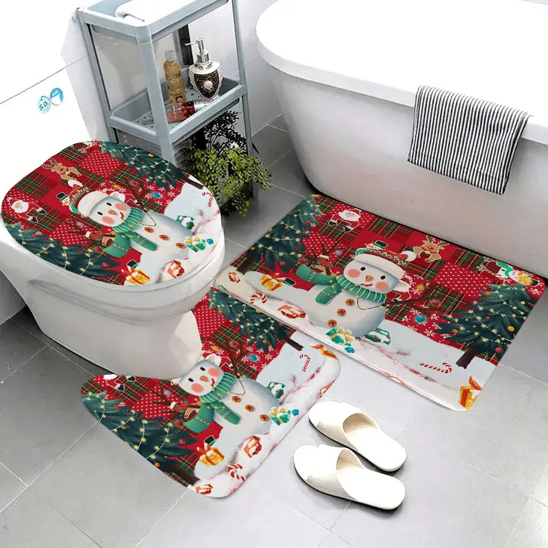 3pcs Christmas home bathroom floor mats Bath mat Snowman bathroom accessories rug Toilet mat Bathtub anti-slip carpet