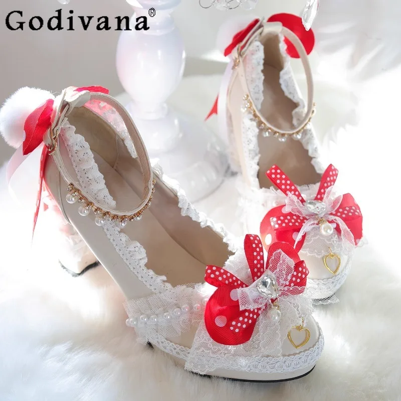 

Bow Polka Dot Wedding Shoes for Women Original Design Round Head Cute Shoes Girls Thick Heel Lo Shoes High Heels Pumps