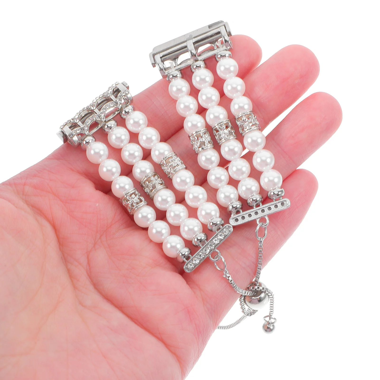 

Adjustable Stainless Steel Watch Strap Telescopic Faux Pearl Beaded Flexible Smart Watch Band Elegant Replacement for Girls