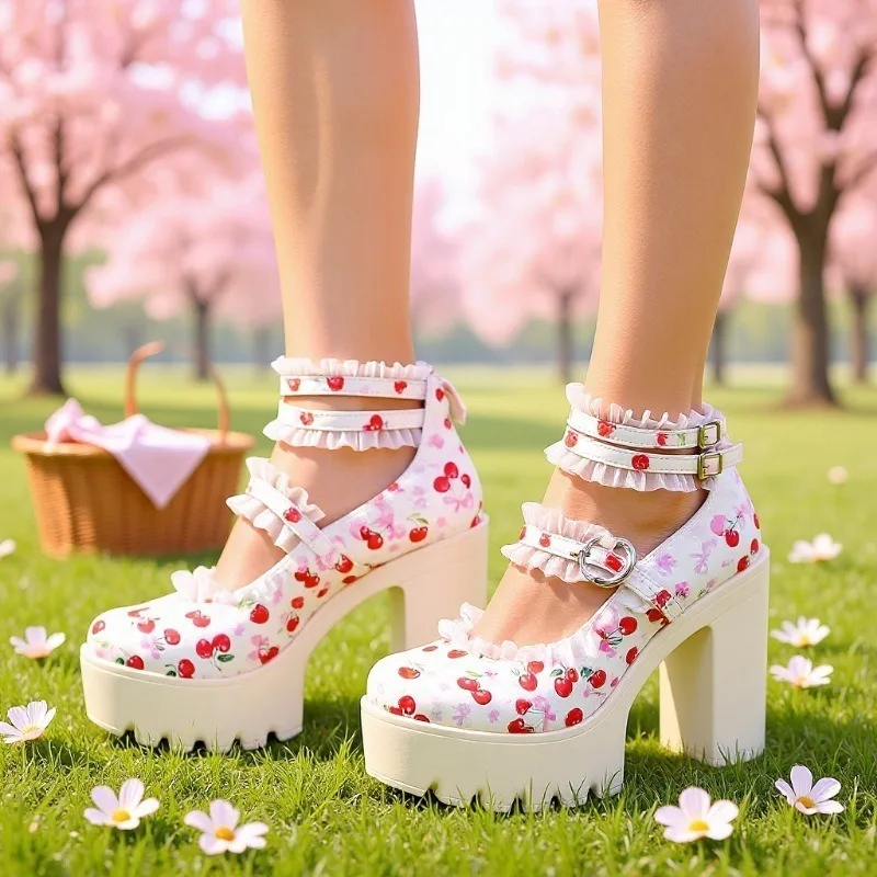 

Sweet Cherry Printing Women's Summer Round Toe Thick High Heeled Mary Jane Sandals Women Platform Pumps Plus Size Womens Shoes