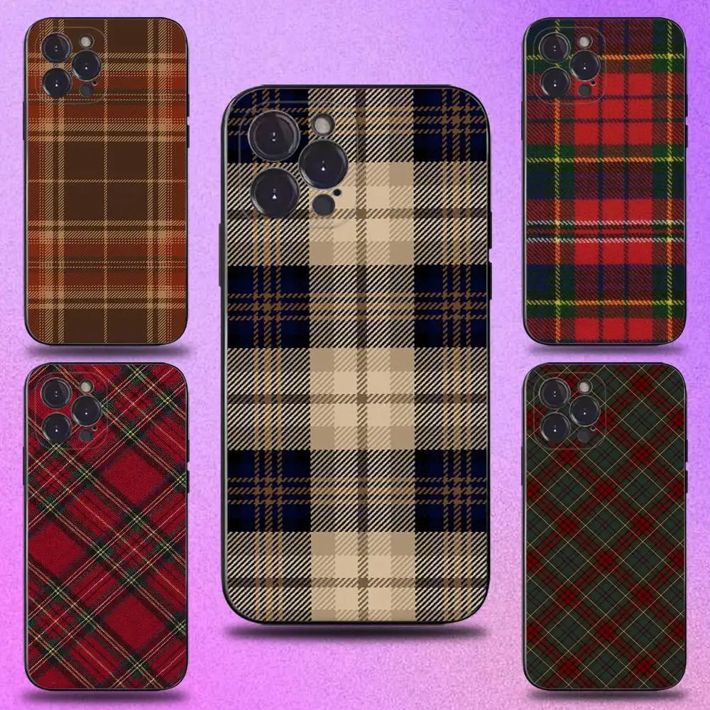 

Scottish Plaid Fabric Phone Case For iPhone 16,15,14,13,12,11 Plus,Pro Max,XS,X,XR,SE,Mini,8,7,Soft Silicone Black Cover