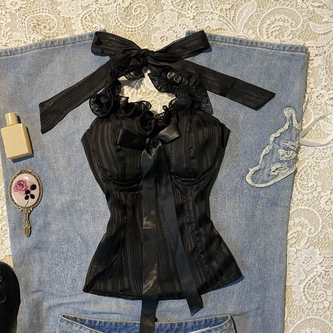 Neck Strap Bow Suspender Millennial Sweet Babes Sexy Y2k Top