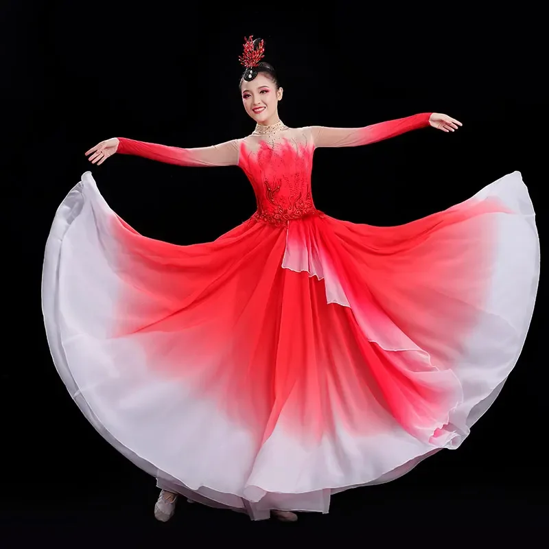 Women Dance Costume Big Swing Dress Chinese Dance Light Long Skirt Female Opening Dance Big Swing Skirt Grand Performance Dress