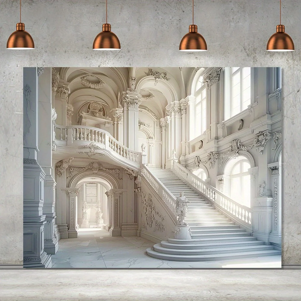 Luxury palace background photography, European white castle Royal interior stairs, polyester wedding ceremony background cloth