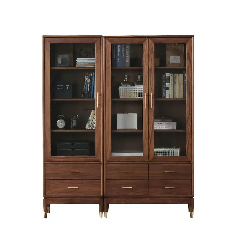 

Nordic all solid wood black walnut bookcase side cabinet simple modern glass door bookshelf white oak shelf storage
