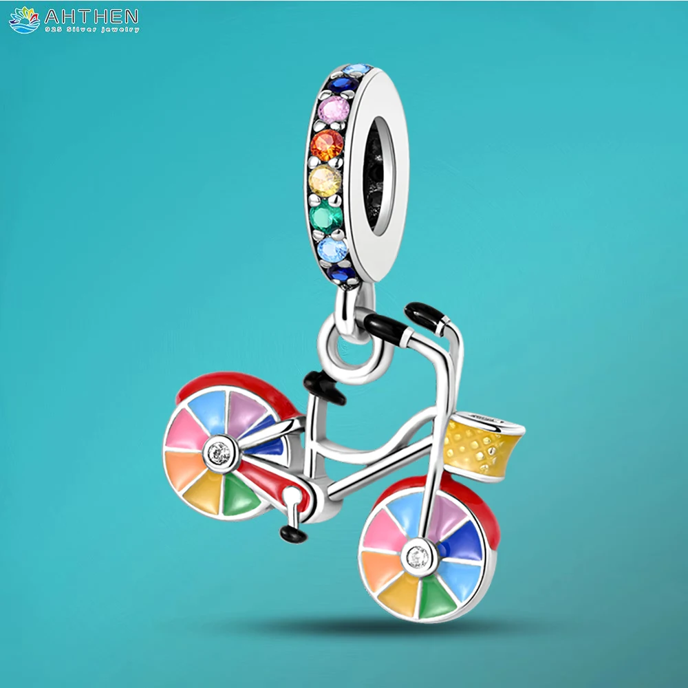 Ahthen 925 Sterling Silver Beads Rainbow Bicycle Dangle Charm fit Original Pandora Bracelets Fashion Fine Jewelry Gift