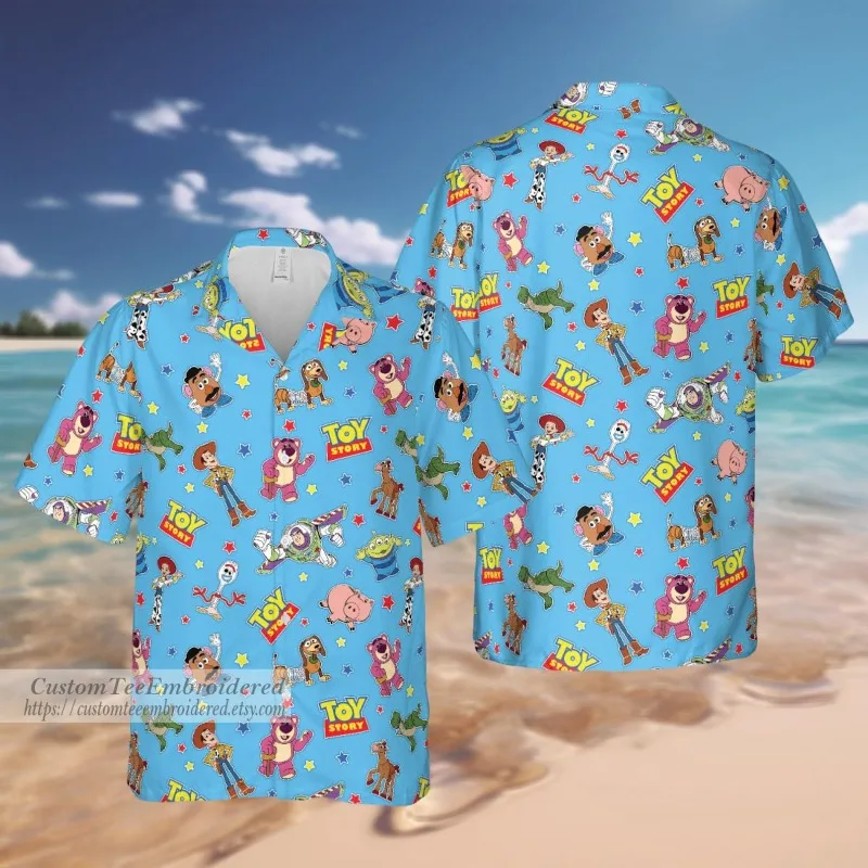 ديزني توي ستوري الطنانة الخفيفة وودي قمصان هاواي الرجال النساء الاطفال بلايز الصيف عادية كم قصير زر حتى قمصان الشاطئ