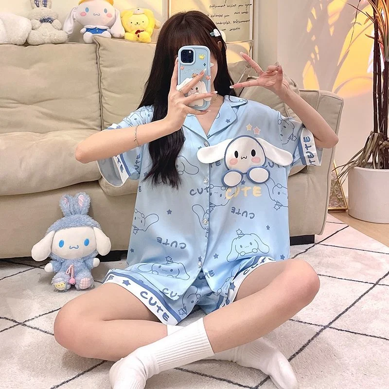 Sanrio Cinnamoroll Cute Pajamas For Women Short Sleeve Cartoon Fashion Print Sleepwear Home Clothes Two-piece Set Pijama Suit