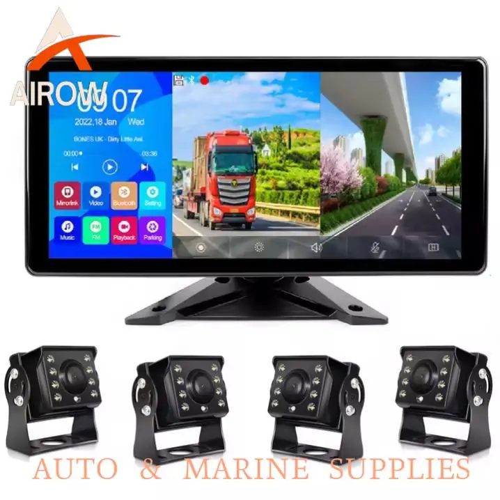 Airow auto 10.36 Inch 4K Touch Screen Quad Split DVR Monitor with Waterproof Night Vision Camera for RV Truck and Van