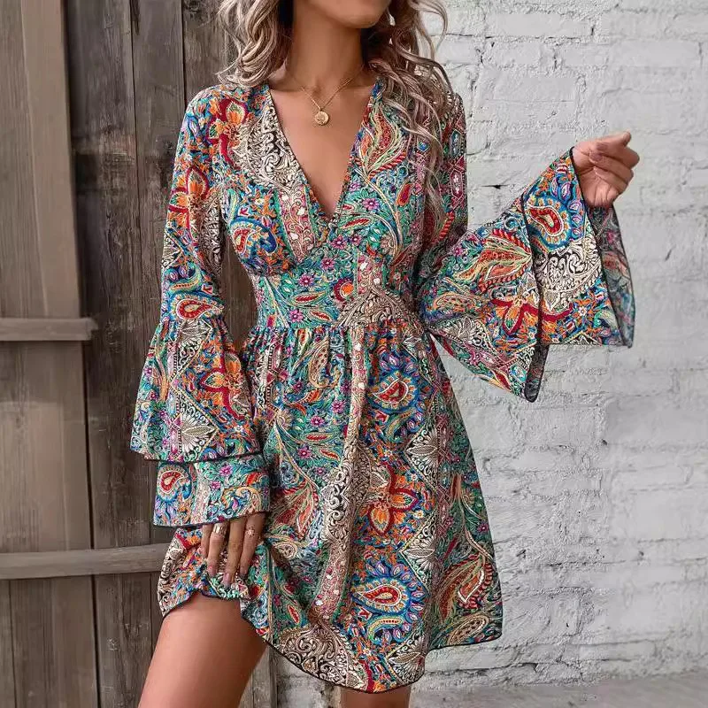 Autumn Fashion New Bohemian Elegant Women's Dress Short Print Flare Sleeve Sexy Beach Vacation Style V-neck Vacation Dress