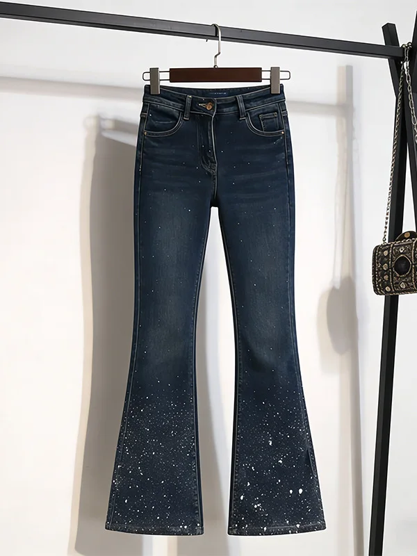 

plus Size Blue Heavy Embellished Fleece Lined Flared Jeans High Waist Slimming Long Pants Spring New Style Commute Style