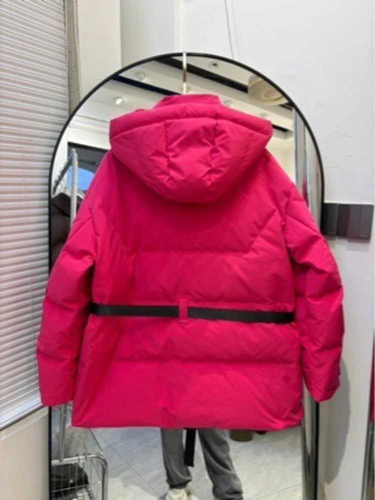 Parka Coat Winter 2026 New Elegant Women Mid Length Hooded Utility Belt Waist Cinching Slimming Color Block Top Outerwear