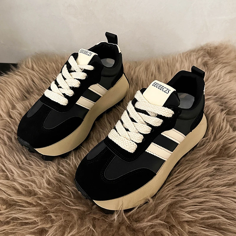 New Black Women Platform Casual Sneakers Shoes Vintage Versatile Thick Sole Dad\'s Shoes Fashion Designer Vulcanize Shoes