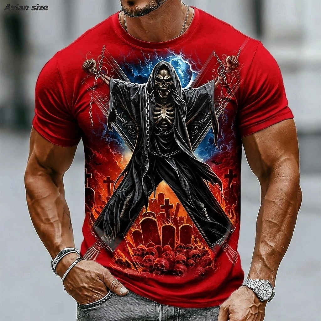 Men's Short Sleeve T-shirt 3D Print Grim Reaper Skeleton In Fire Cemetery Graphic Casual Tops