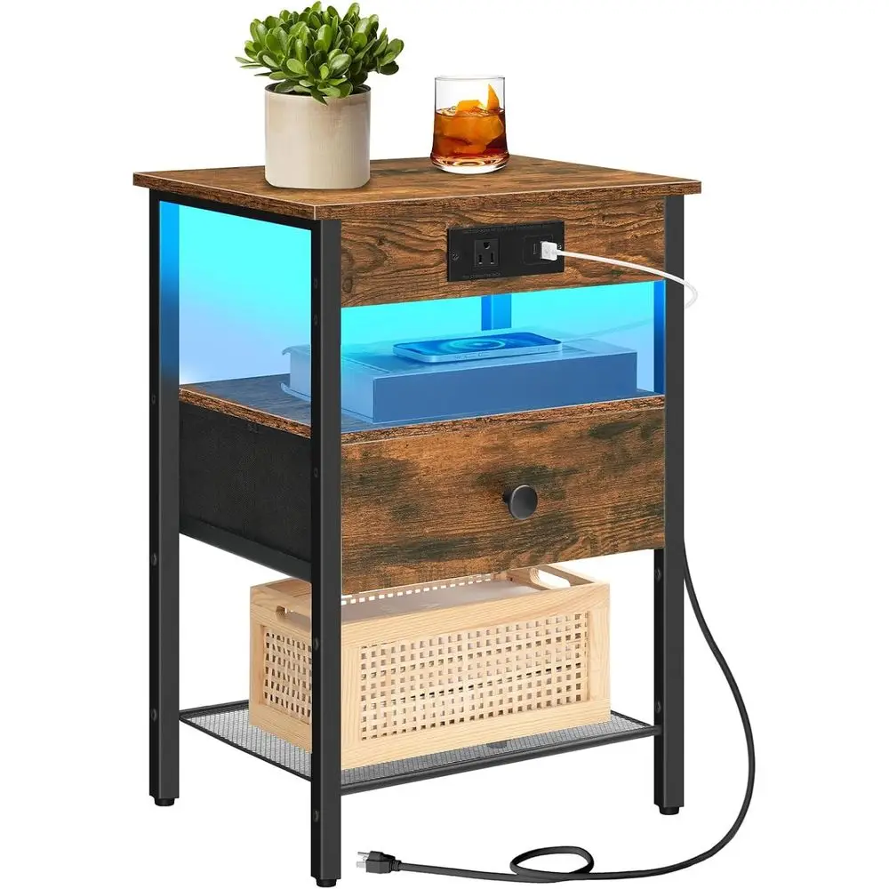 

LED Nightstand Charging Station with USB-A, Type-C, AC Outlet, Suitable for Bedroom or Living Room, Rustic Brown and Black