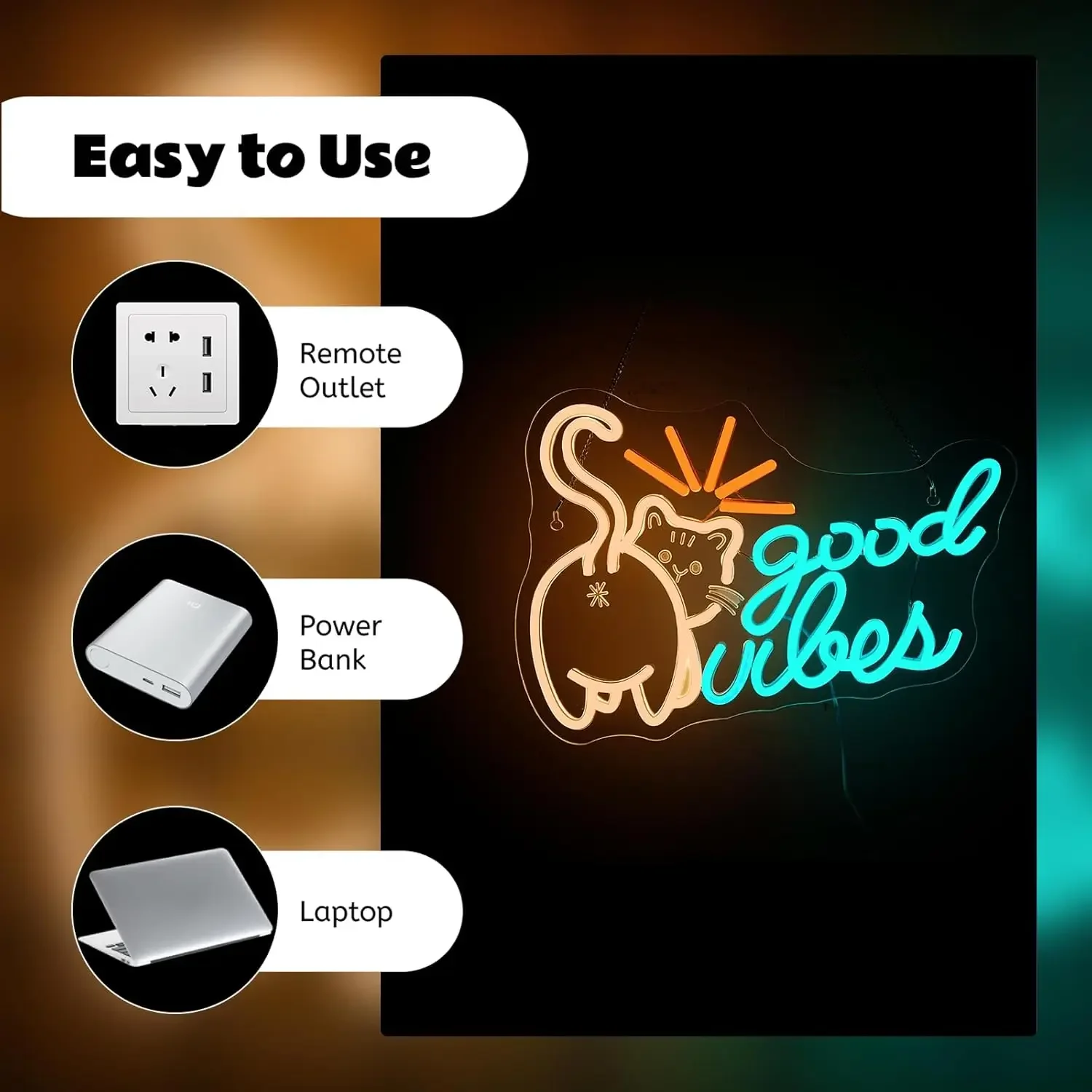 Good Vibes Cat Multicolor Neon Sign LED Wall Art USB Powered Positive Decor Bedroom Living Room Storefront Novelty Gift  Light
