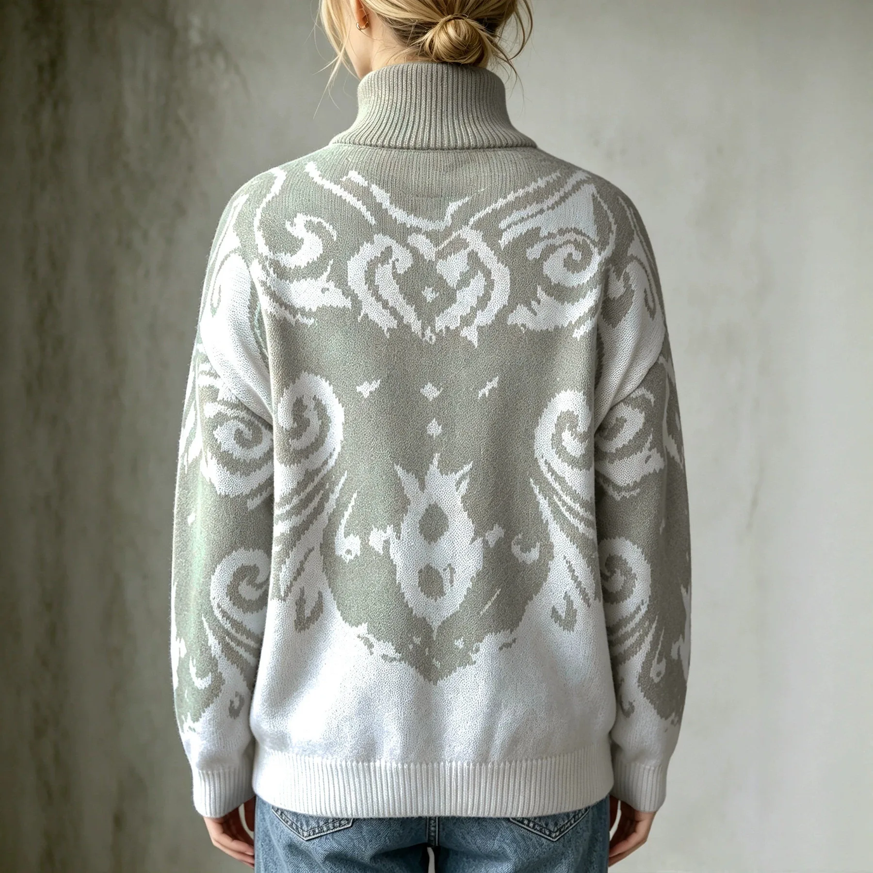 Women's Autumn Winter High-neck Knitted Tribal Pattern Gradient Loose Fit Sweater Pullover