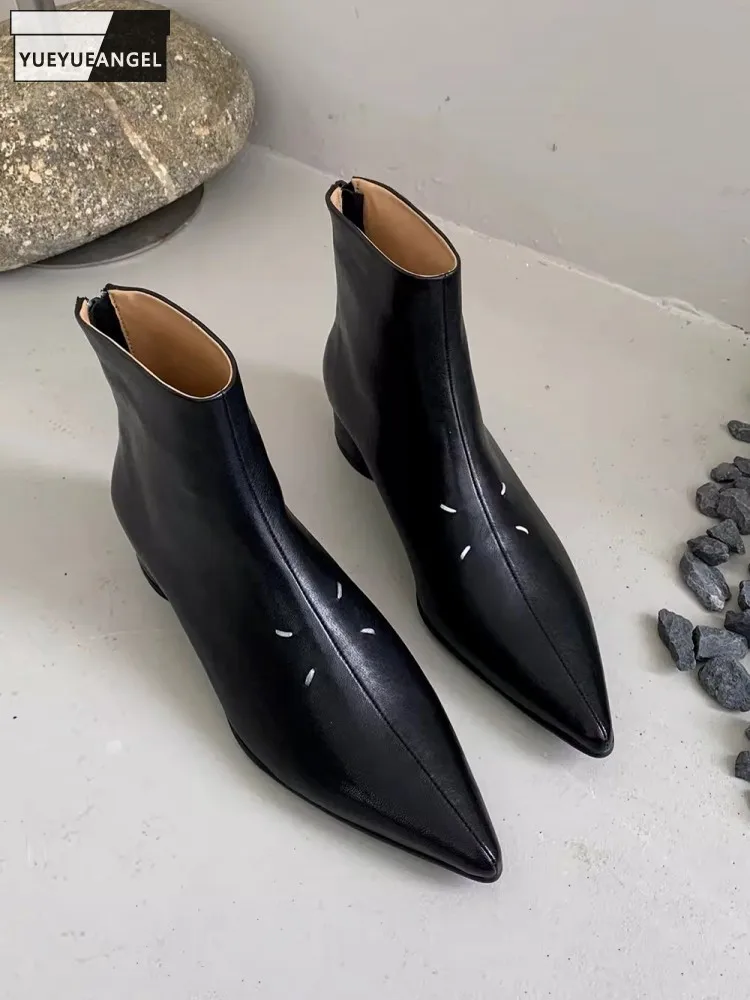 Elegant Women Pointed Toe High Top Shoes Block Heels Office Lady Work Genuine Leather Ankle Boots Fashion Designer Modern Boots